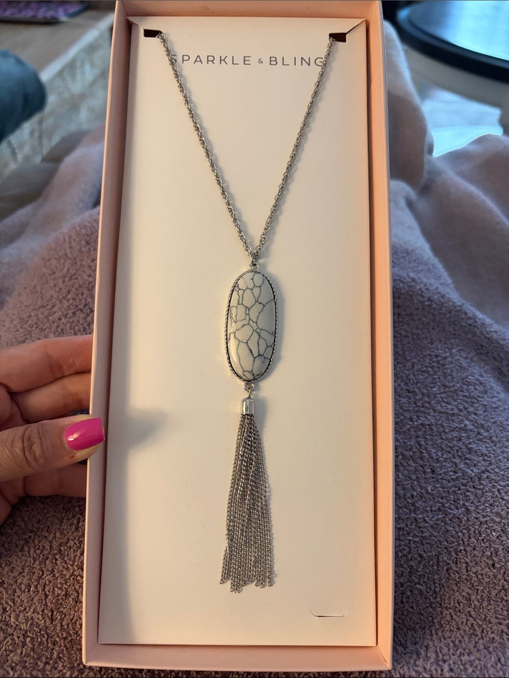 NIB Sparkle & Blong Silver Stone Tassel Pendant Necklace - White Stone